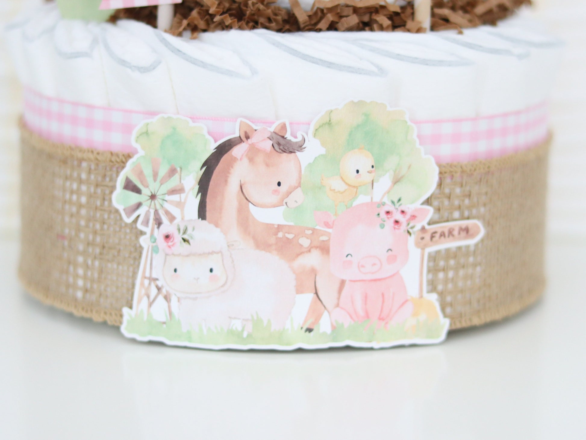 farm animals diaper cake decoration with horse pig chick sheep flowers hay sign windmill