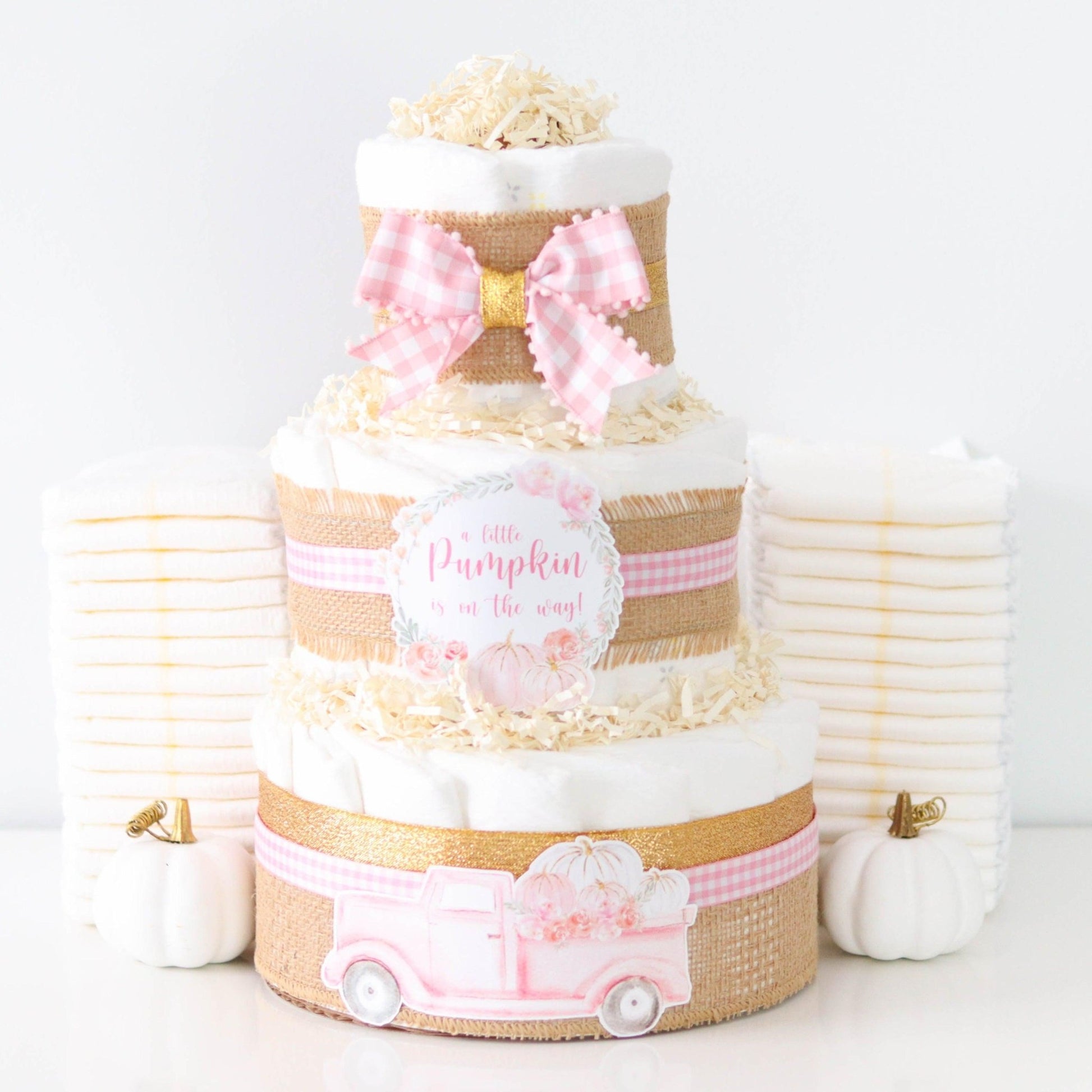 Pink Pumpkin Truck Diaper Cake - Baby Blossom Company