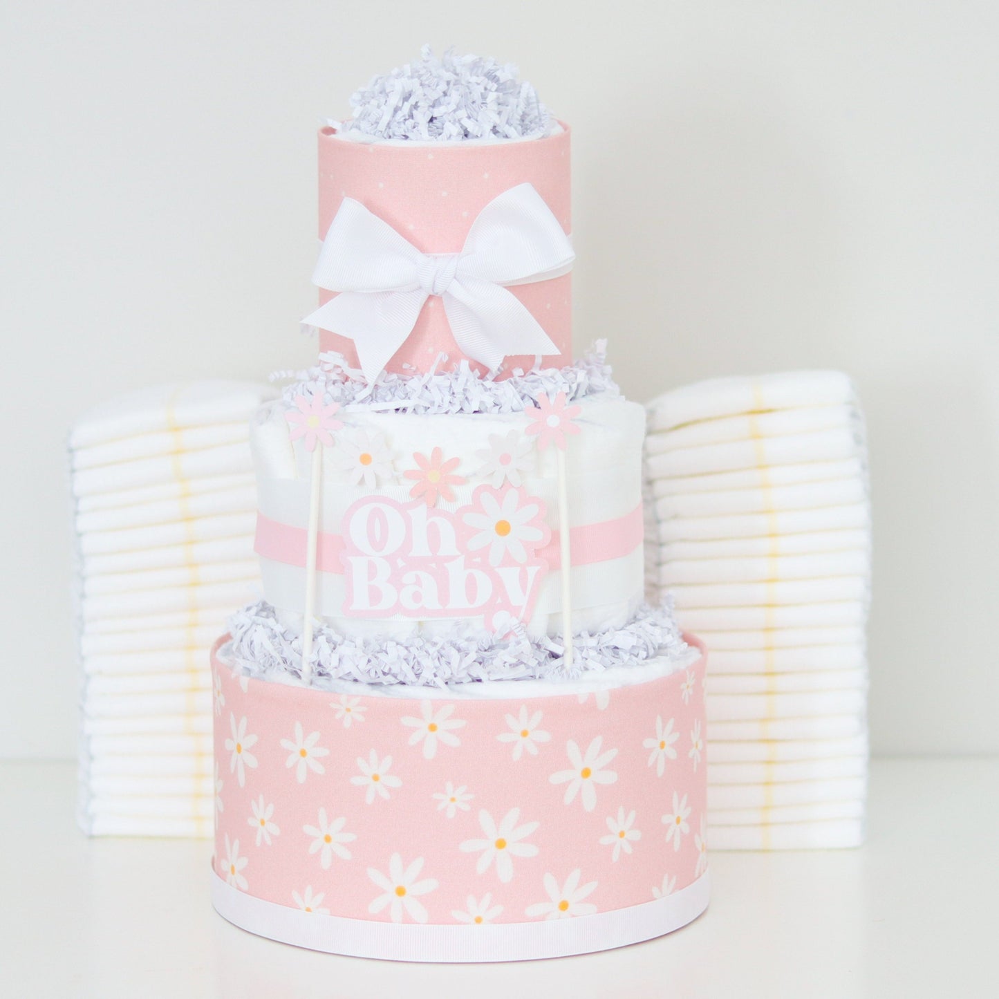 pink retro daisy diaper cake decoration