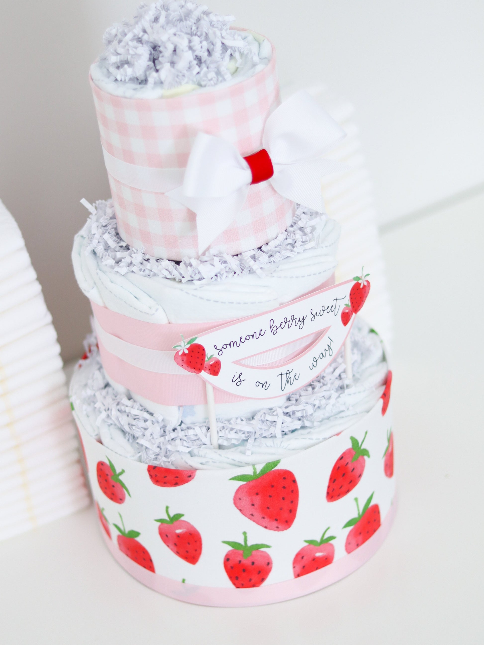 pink strawberry diaper cake decoration