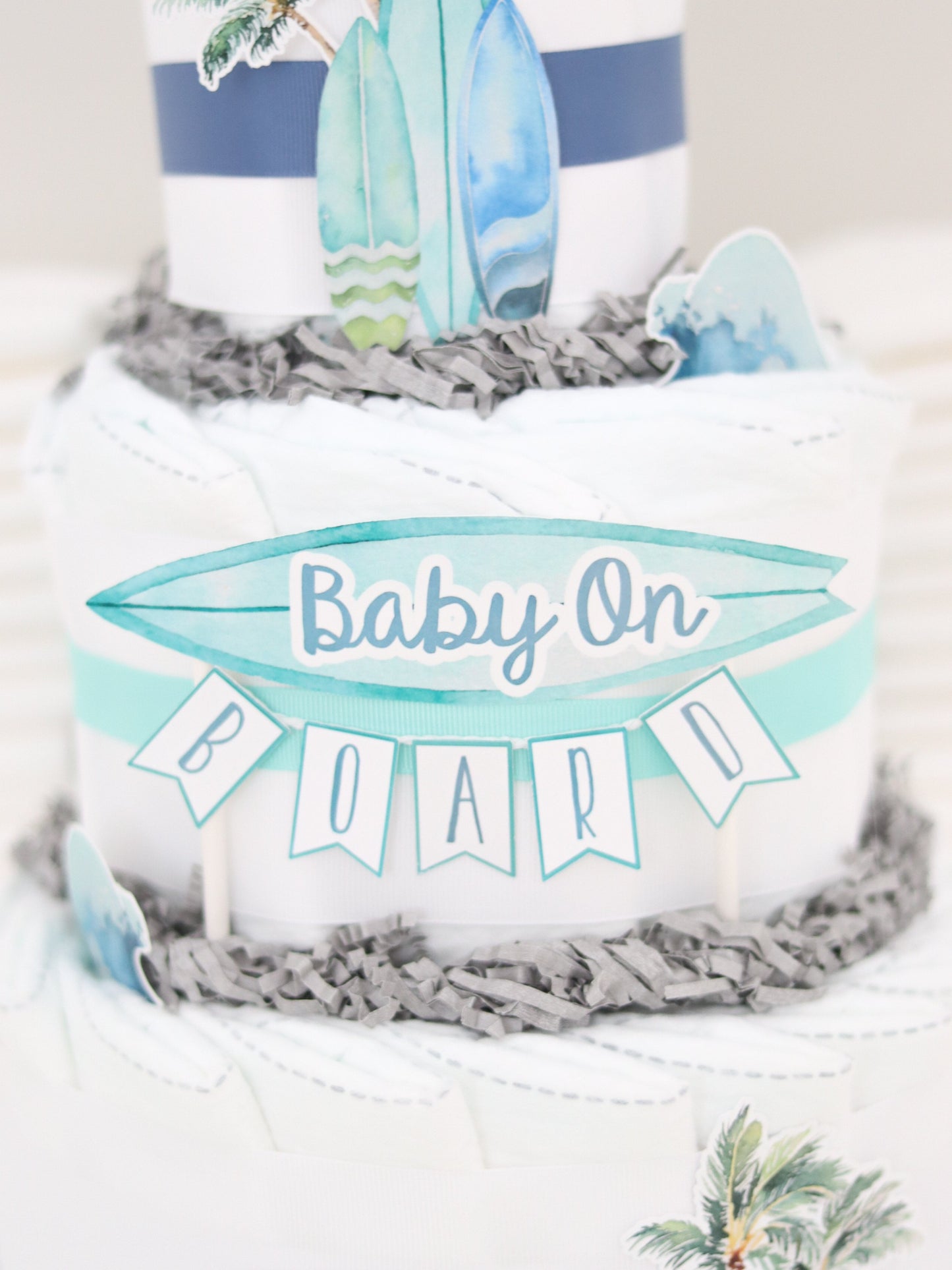 baby on board surf board diaper cake sign