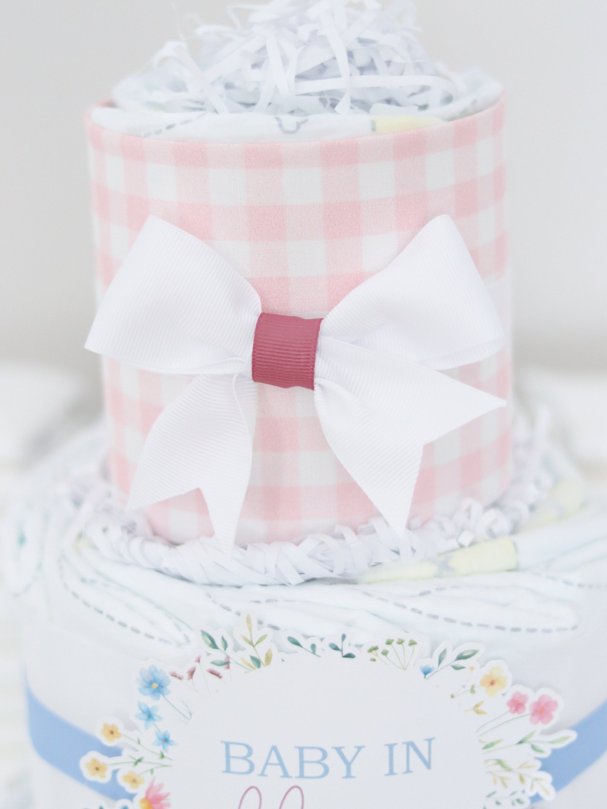 wildflower diaper cake pink gingham top with white bow
