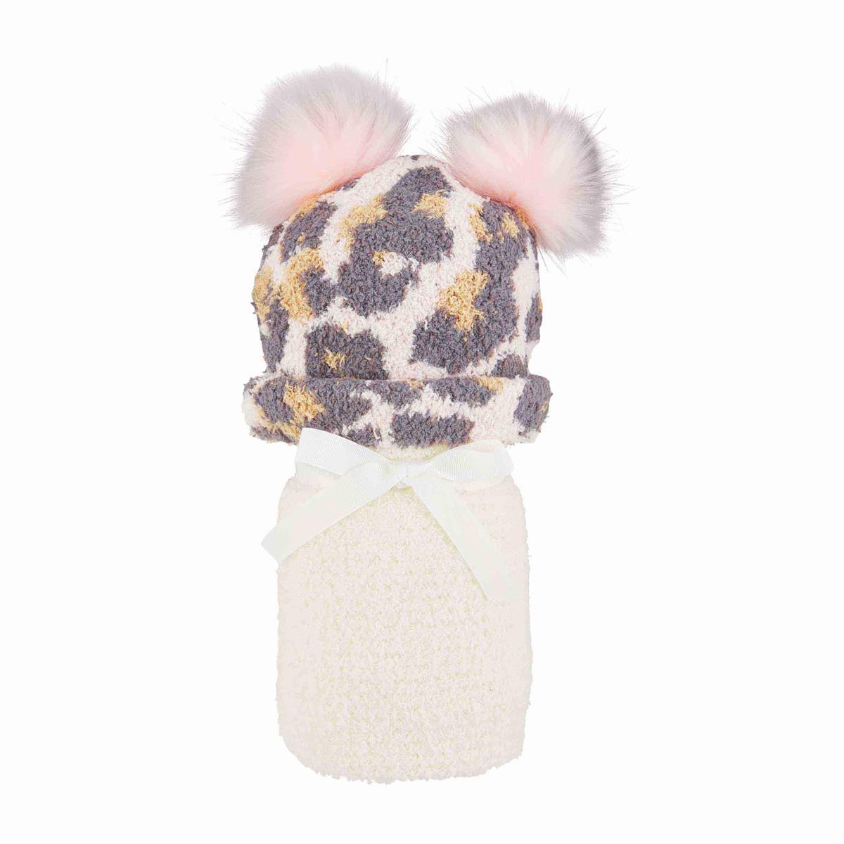 Ivory Chenille Leopard Hat & Blanket Set