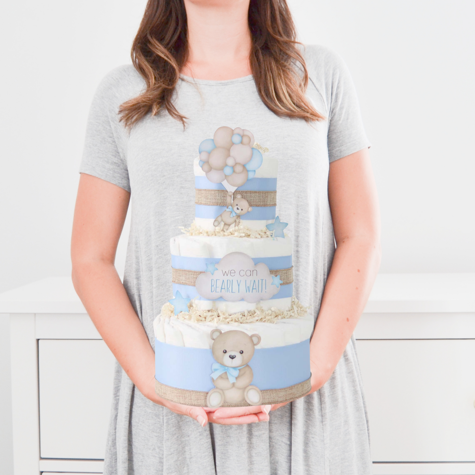 blue teddy bear diaper cake balloons