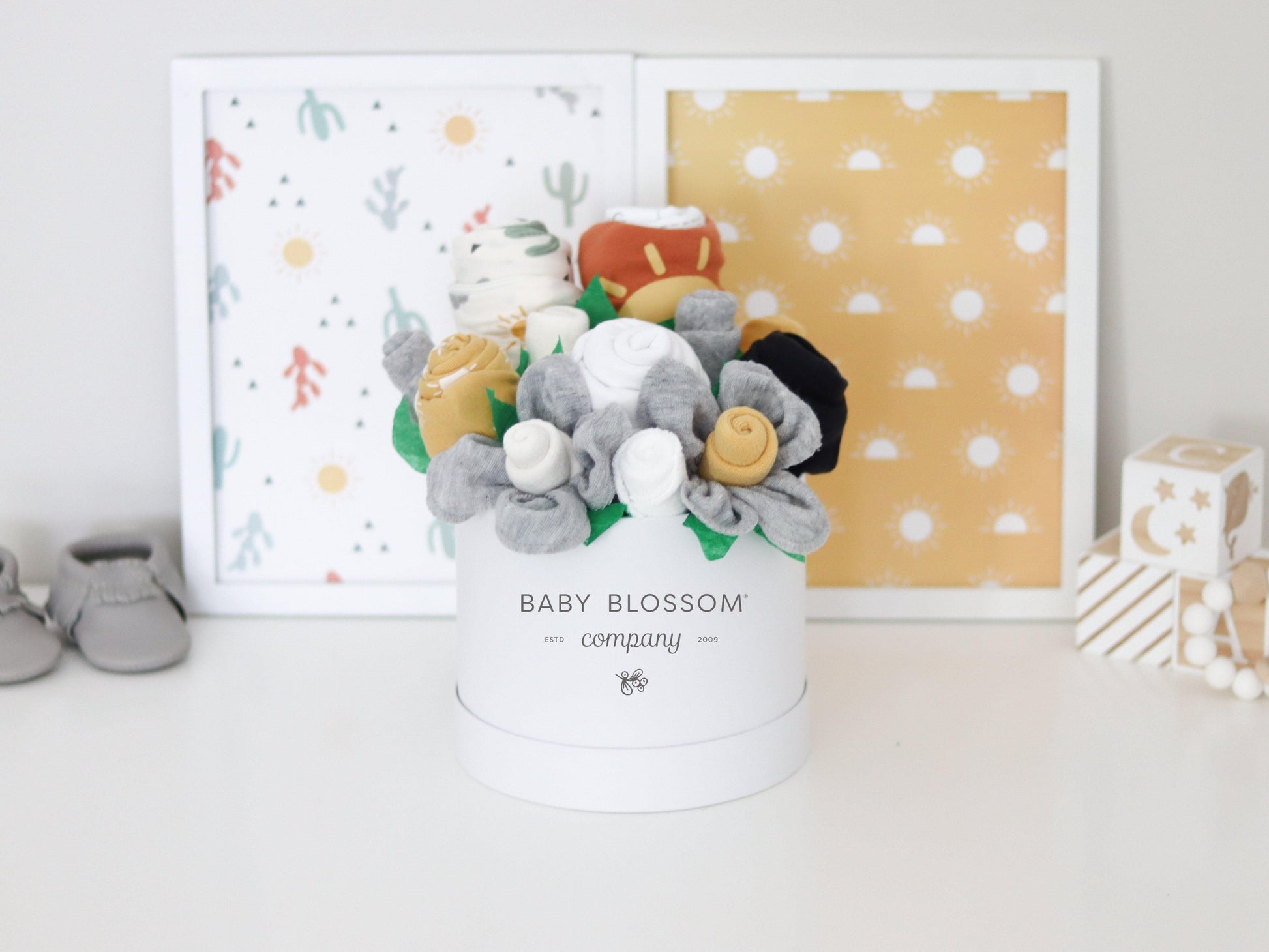 neutral baby gift box cactus sun theme