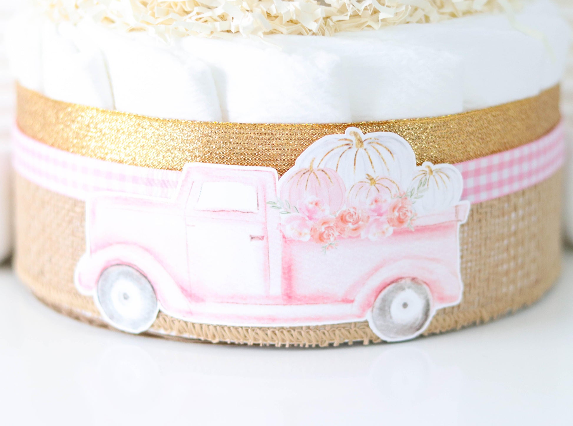 pink truck with pumpkins diaper cake decoration