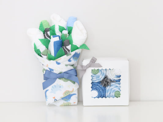 baby boy clothing bouquet and blanket sock cupcake gift box