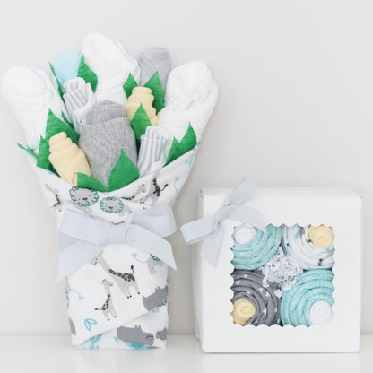 teal safari baby clothing bouquet and blanket sock cupcake set