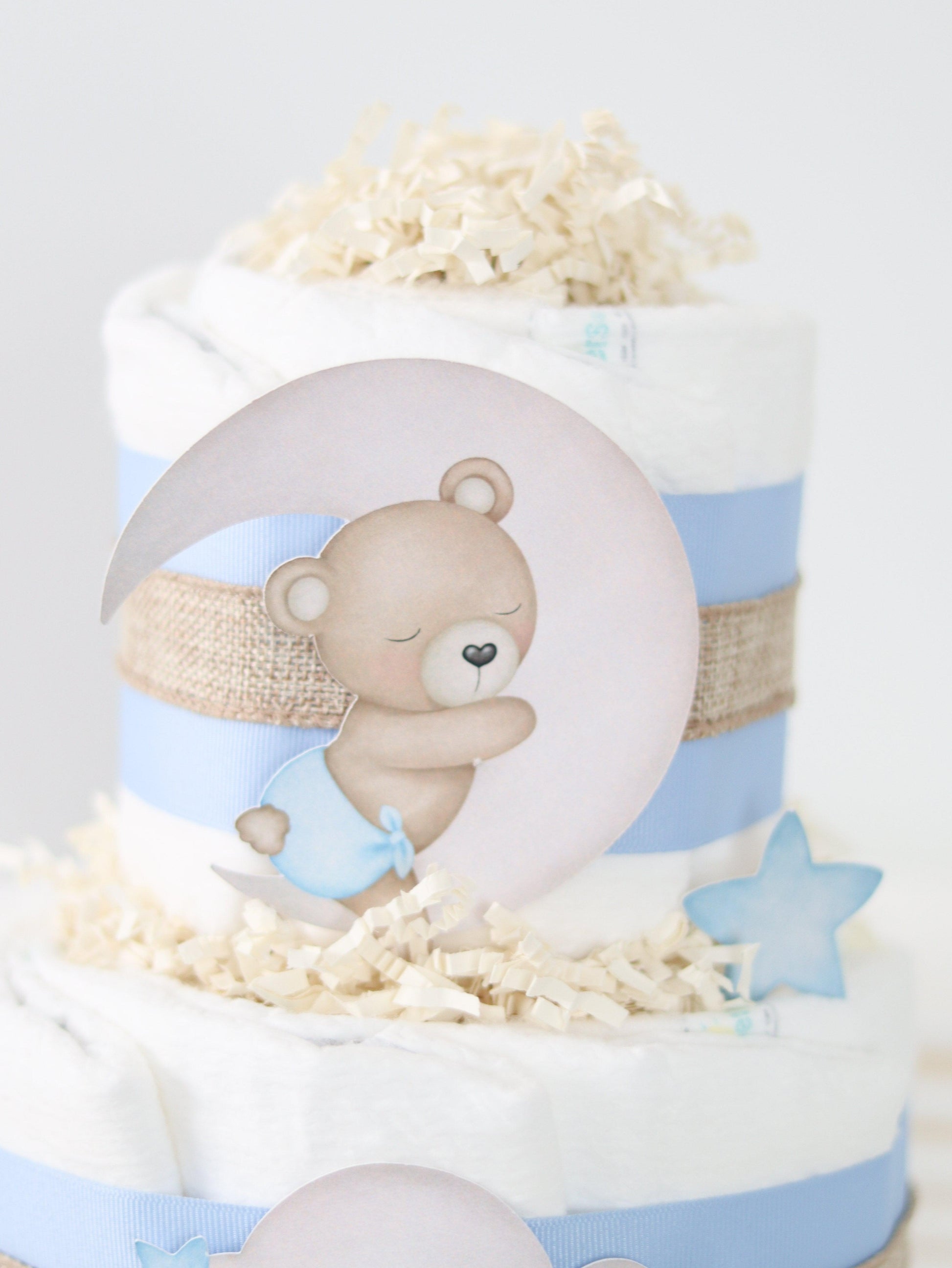 teddy bear diaper cake with moon blue