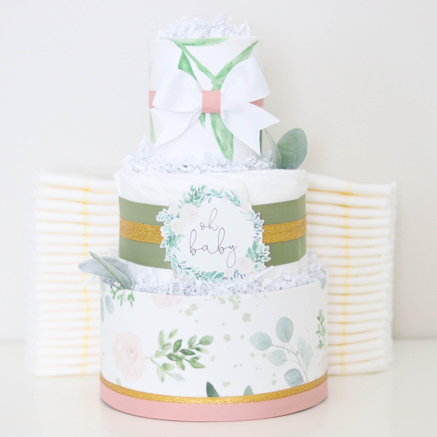 baby girl diaper cake floral greenery decoration