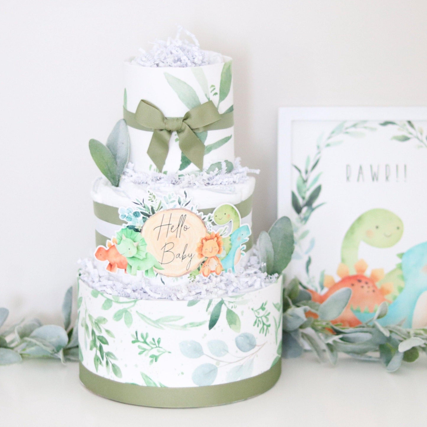 dinosaur greenery diaper cake decoration