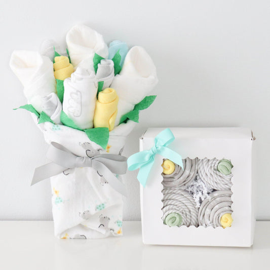 gender neutral baby gift bouquet and cupcake set