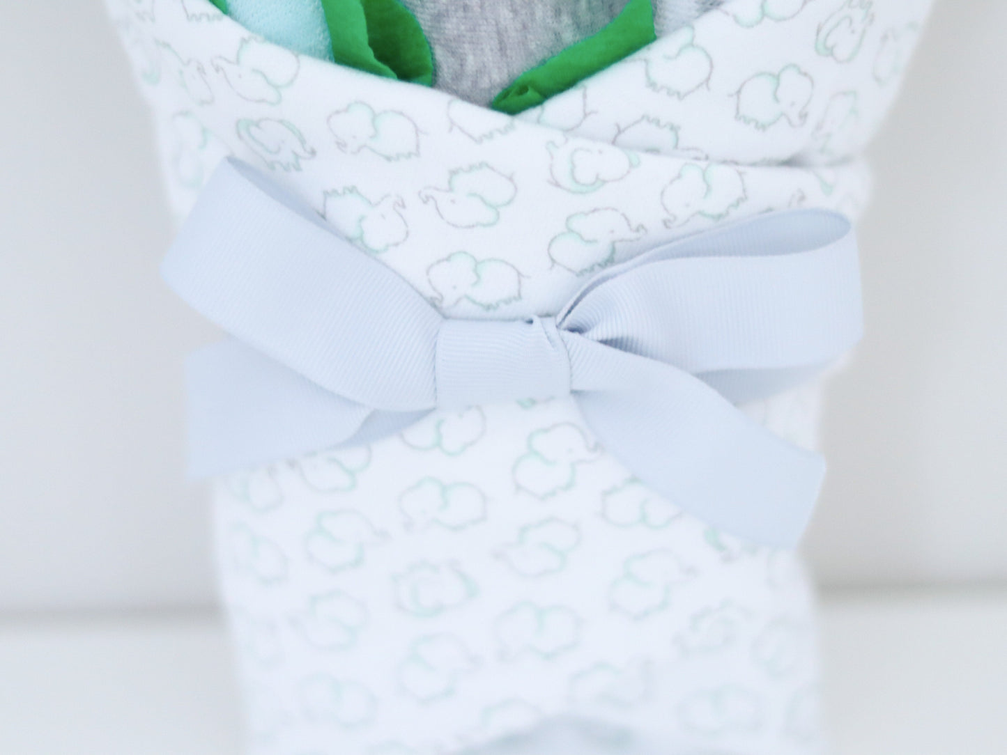 mint elephant receiving blanket and gray bow