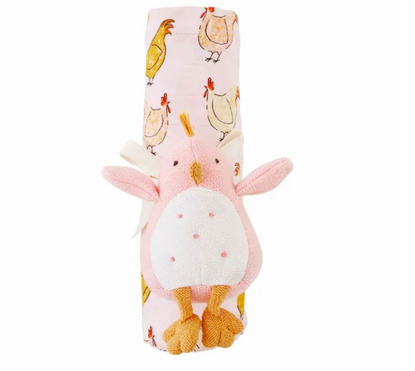 mud pie pink chick swaddle and rattle set 