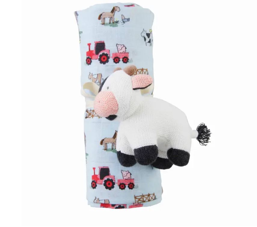 mud pie farm swaddle and cow rattle gift set