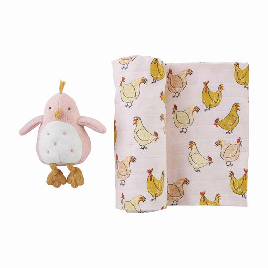 mud pie pink chicken swaddle and rattle