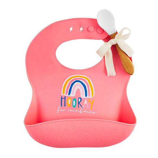 mud pie pink silicone bib horray for rainbows and spoon