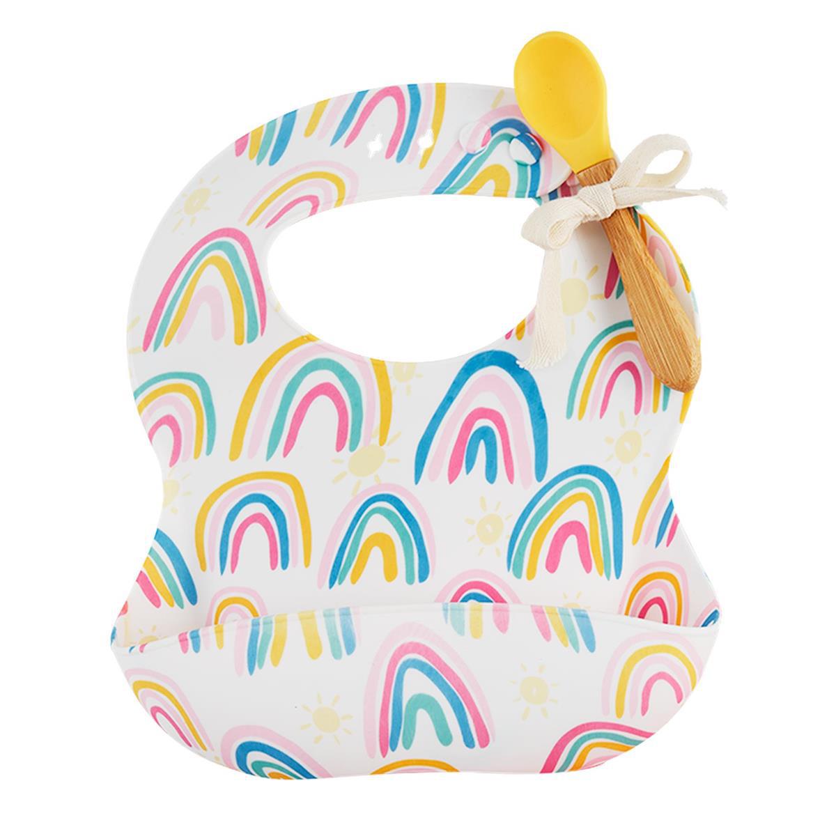 mud pie white silicone bib with rainbow print and yellow spoon baby gift set