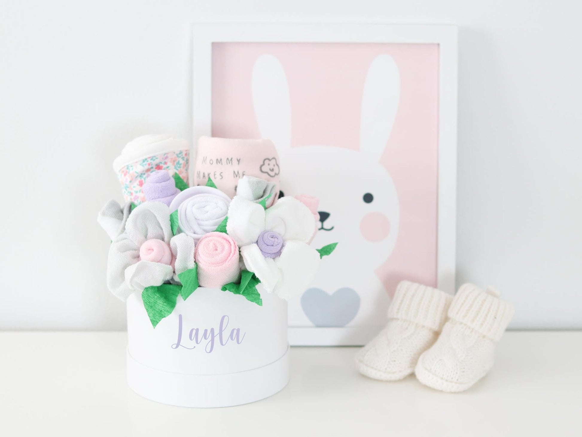 personalized baby girl gift box with frame and baby booties dainty floral